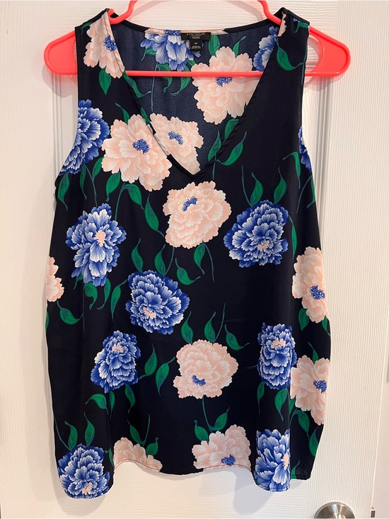 Ann Taylor Tops - Ann Taylor Navy Satin Flowy Floral V-Neck Tank with Blue & Blush Blooms